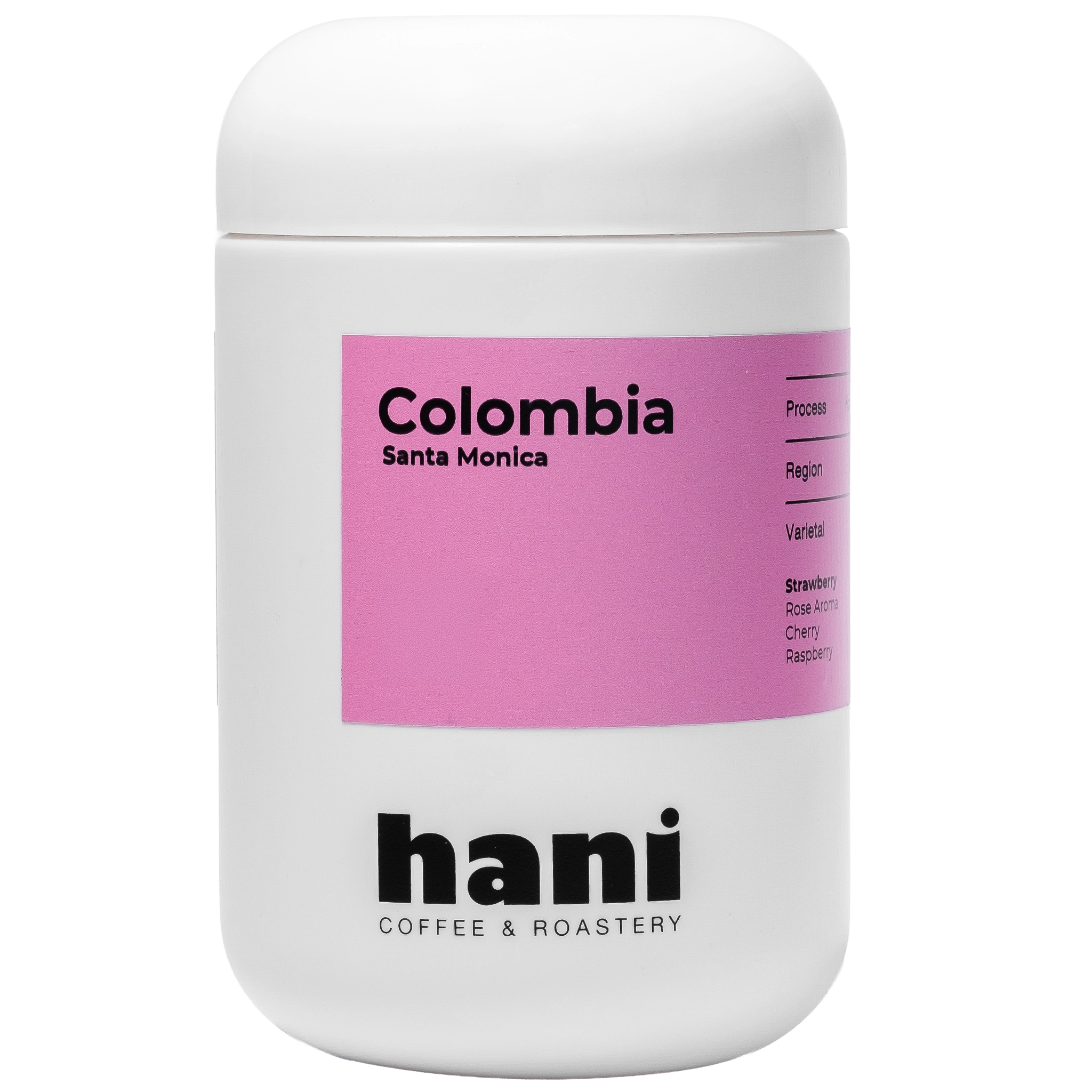 White container with pink label featuring 'Colombia Santa Monica' and 'hani Coffee & Roastery' on a white background