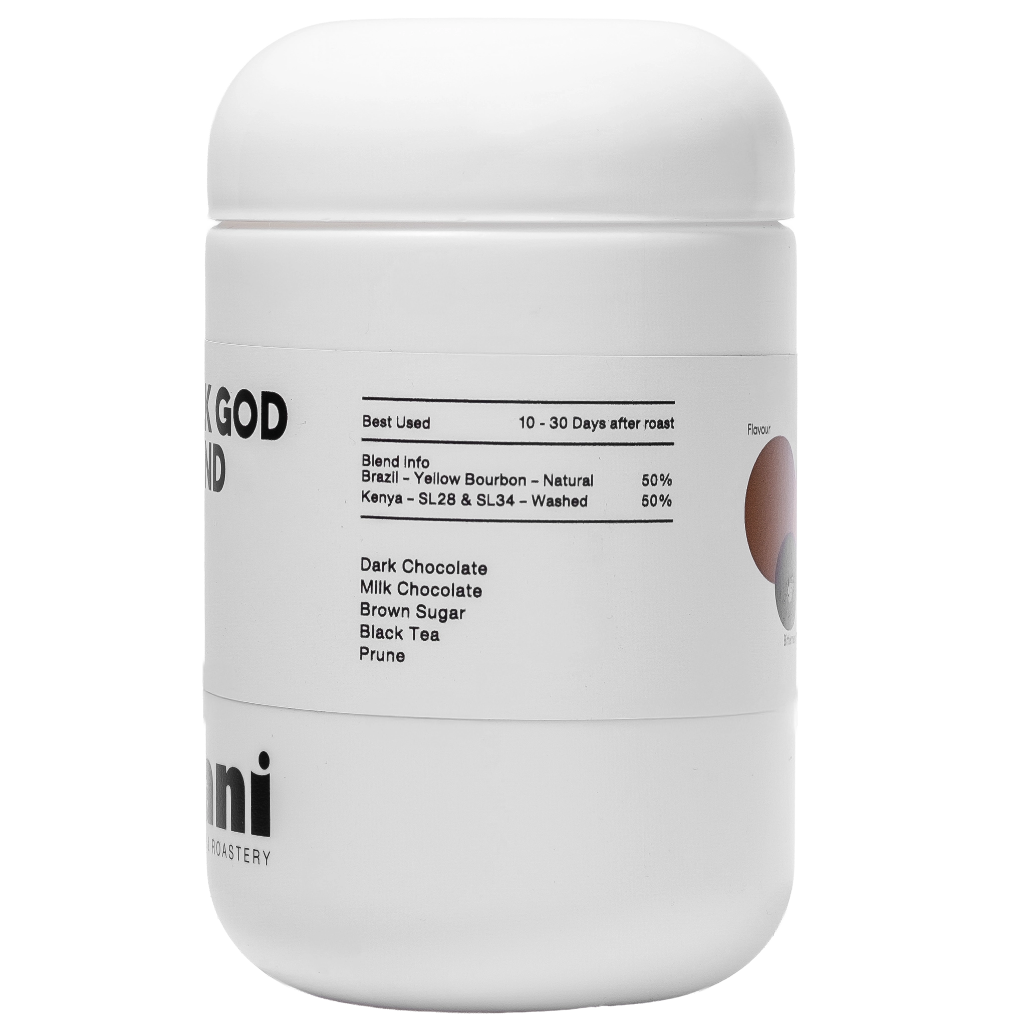 White container with coffee blend information on a white background